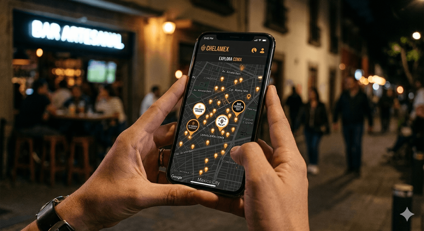 Persona usando el celular con el mapa de Chelamex para encontrar cerveza artesanal cerca.
