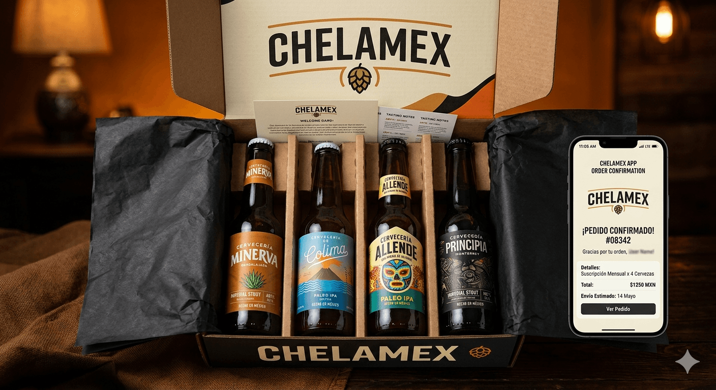 Caja de suscripción mensual con cuatro cervezas artesanales de ejemplo.