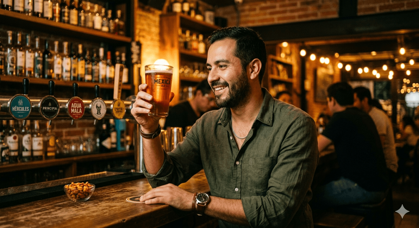 Persona en un bar artesanal mexicano sonriendo y alzando una pinta de cerveza dorada, ambiente cálido con madera y luces tenues.