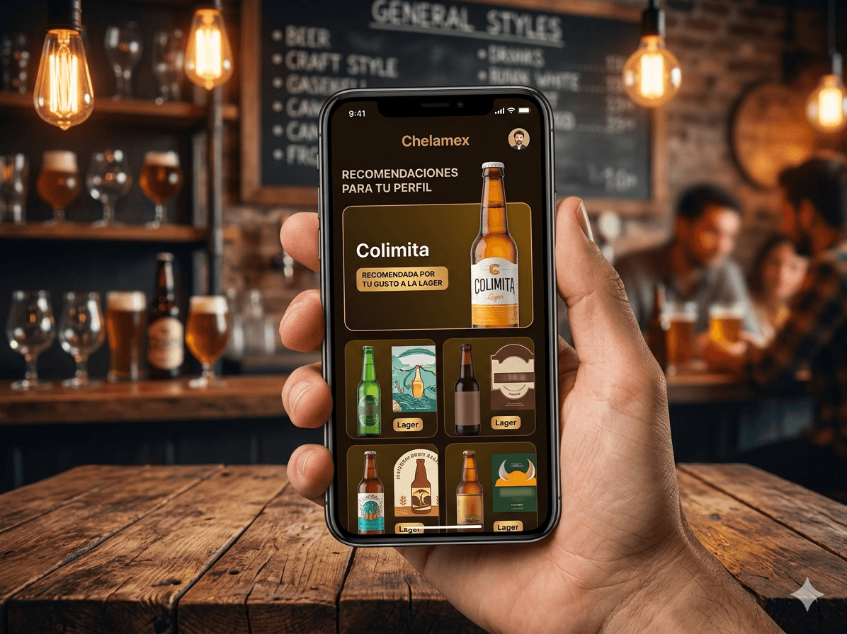 Teléfono con recomendaciones Chelamex: cerveza Colimita lager destacada y más lagers mexicanas sugeridas abajo, en bar artesanal.