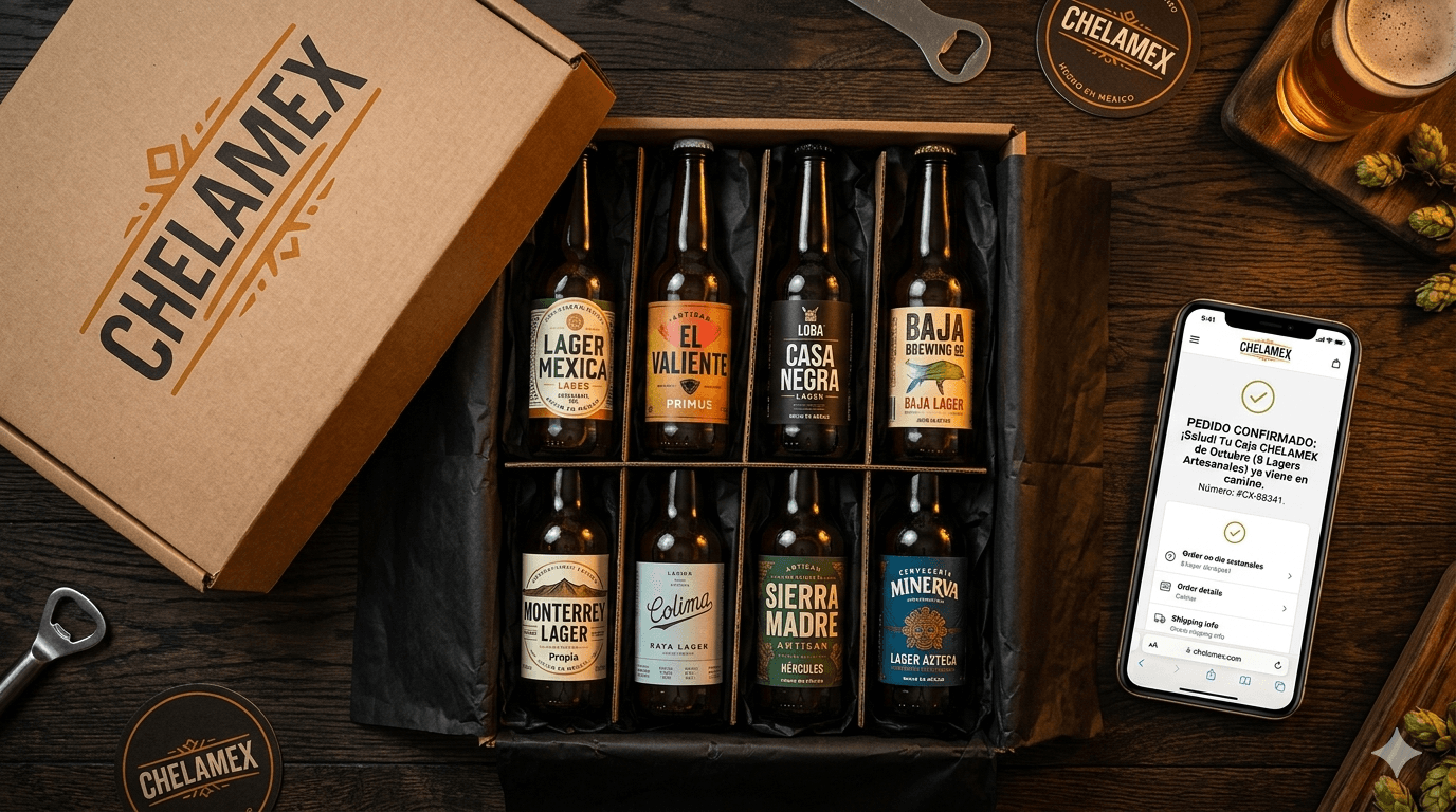 Caja Chelamex abierta con varias cervezas artesanales mexicanas y teléfono con confirmación de pedido de suscripción mensual.